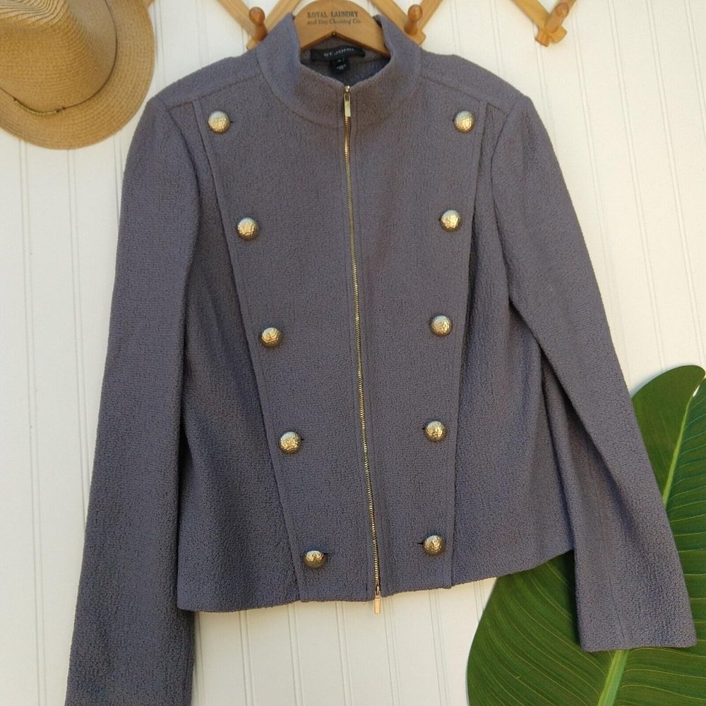 St. John Santana Knit Military Blazer Size 10 Gray Lavender Button Zip Front - Picture 6 of 10